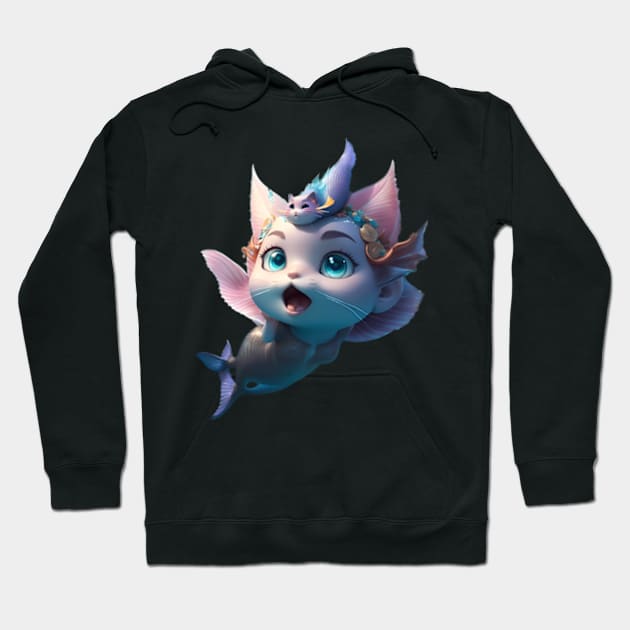 Little Cat Mermaid with her Pet Hoodie by BrisaArtPrints